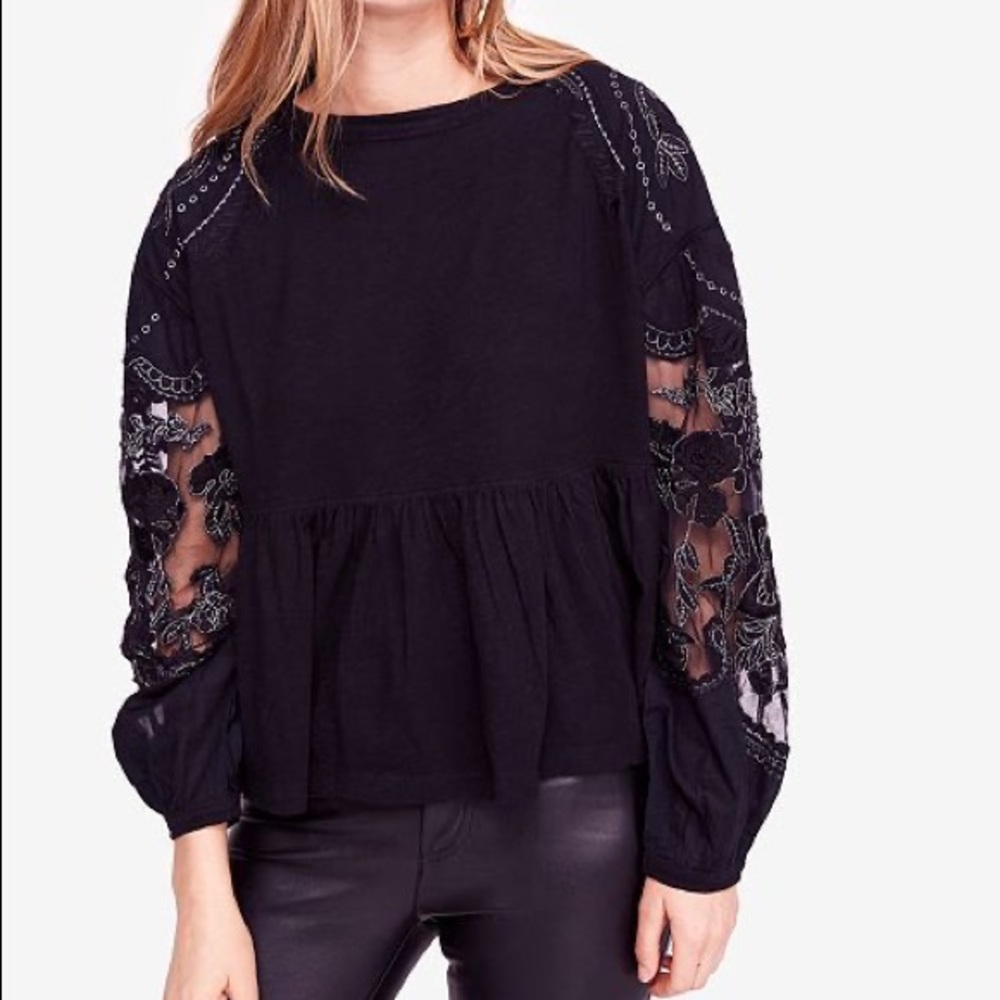 Free People Metallic-Embroidered Mesh black ‘Penny tee’ Peplum Top, size S